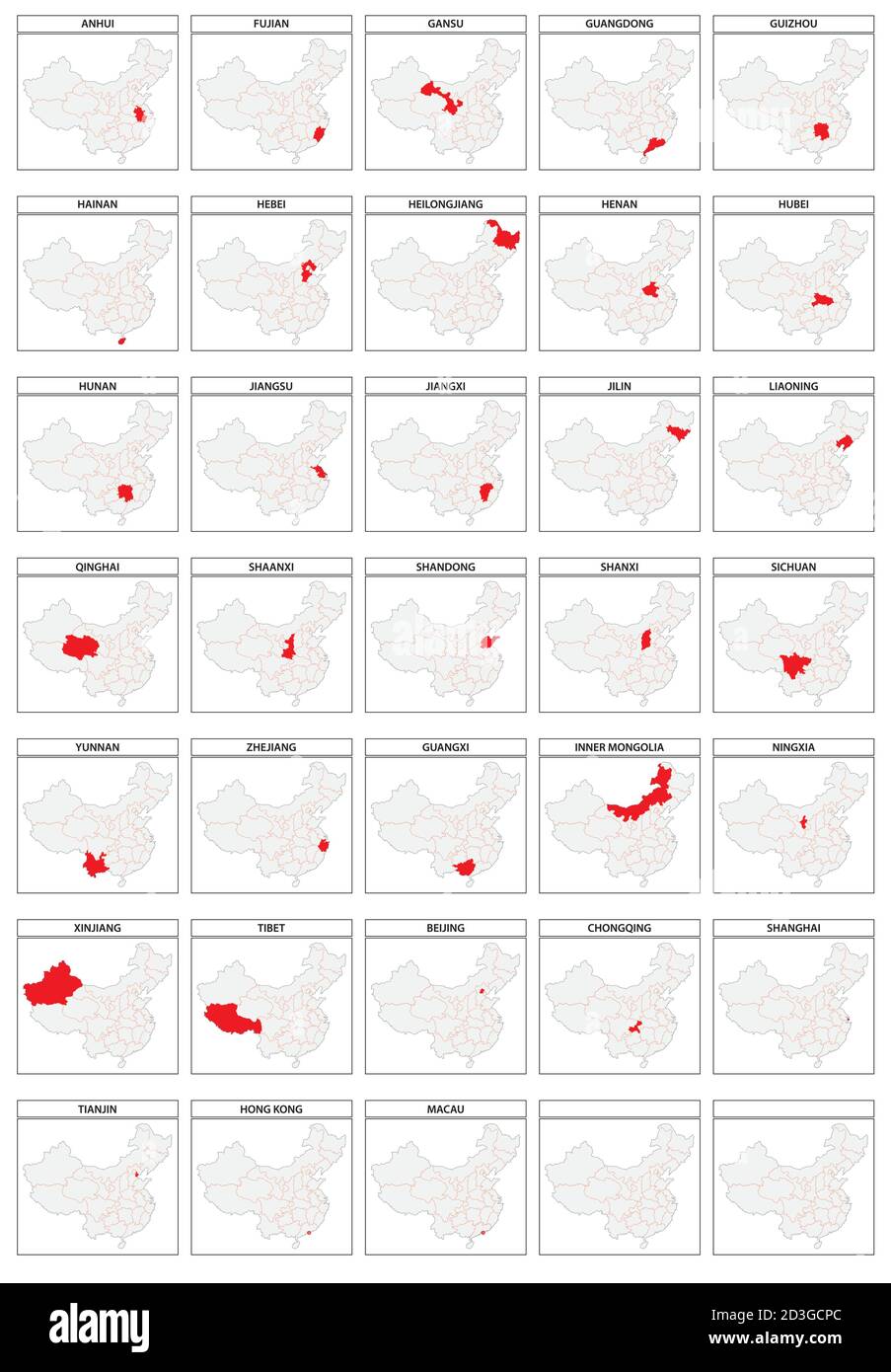 33 mappe vettoriali delle divisioni amministrative della Cina Illustrazione Vettoriale