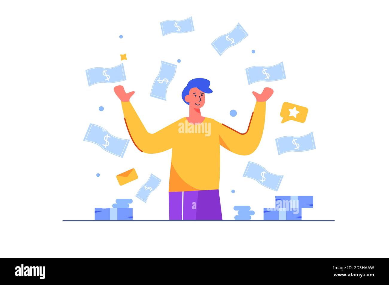 Gioioso uomo d'affari sulla pioggia dalle banconote in stile piatto. Illustrazione Vettoriale