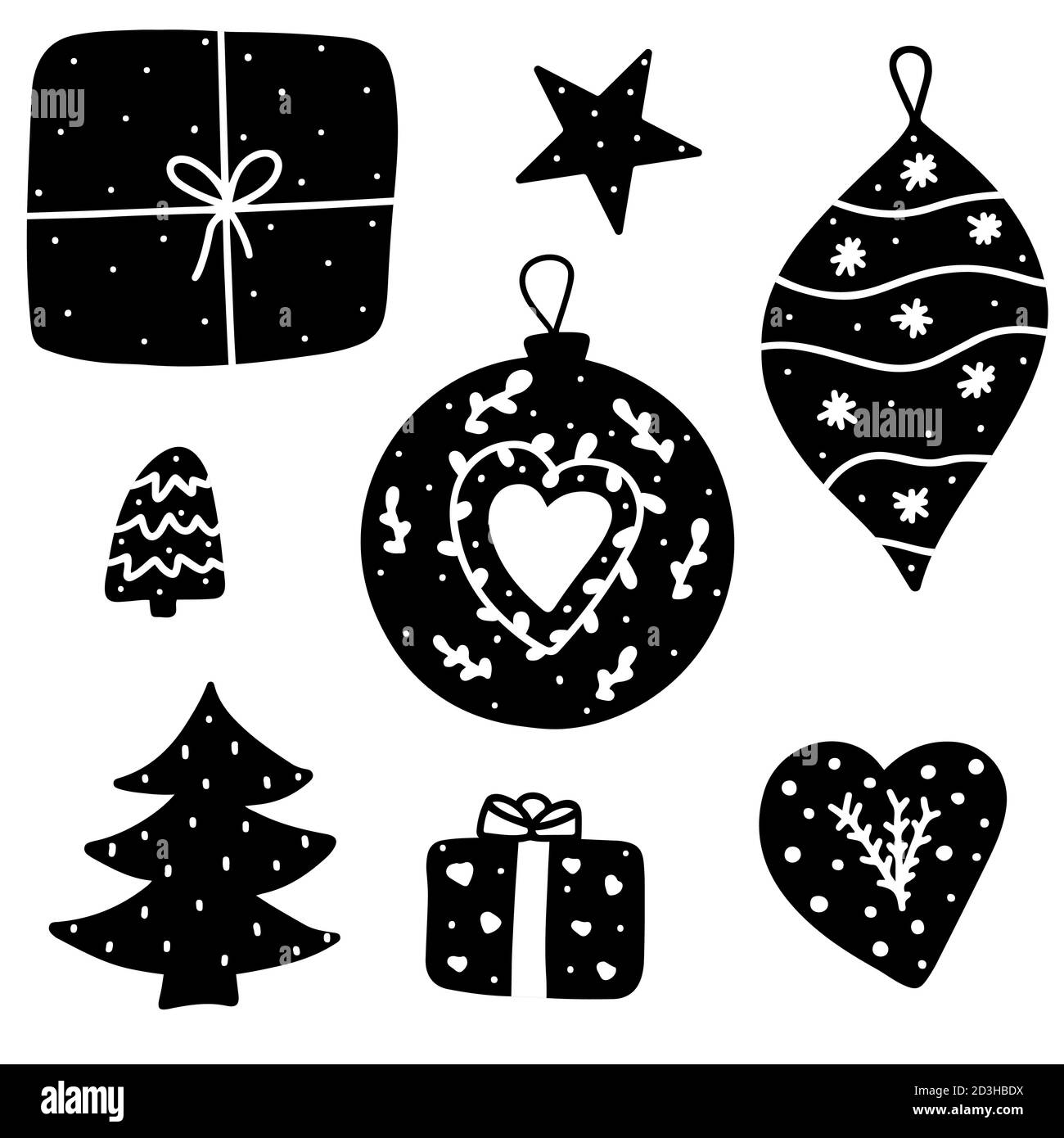 Natale decorazioni monocromatiche doodle stile illustrazione vettoriale. Confezione regalo, stella, albero di Natale, baubles e decorazioni a forma di cuore. Illustrazione Vettoriale