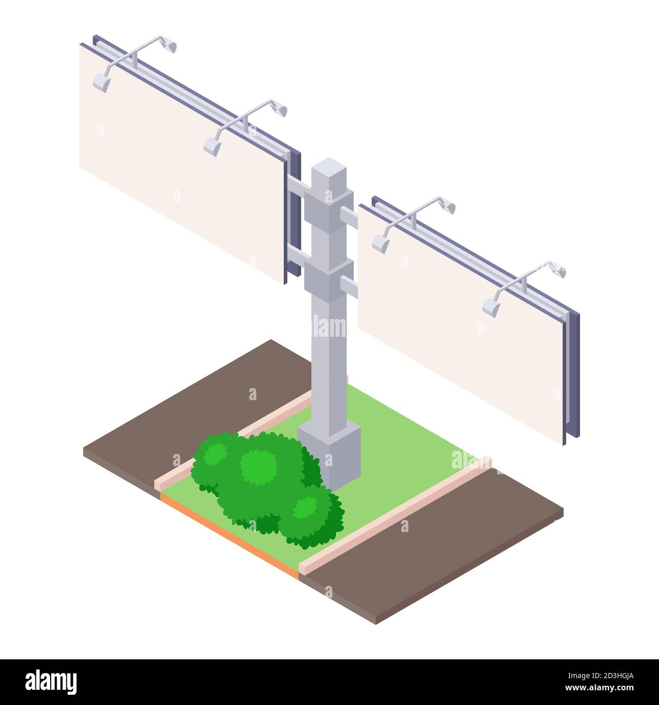 Cartelloni isometrici su terreno verde vicino alla strada per la pubblicità all'aperto. Illustrazione Vettoriale