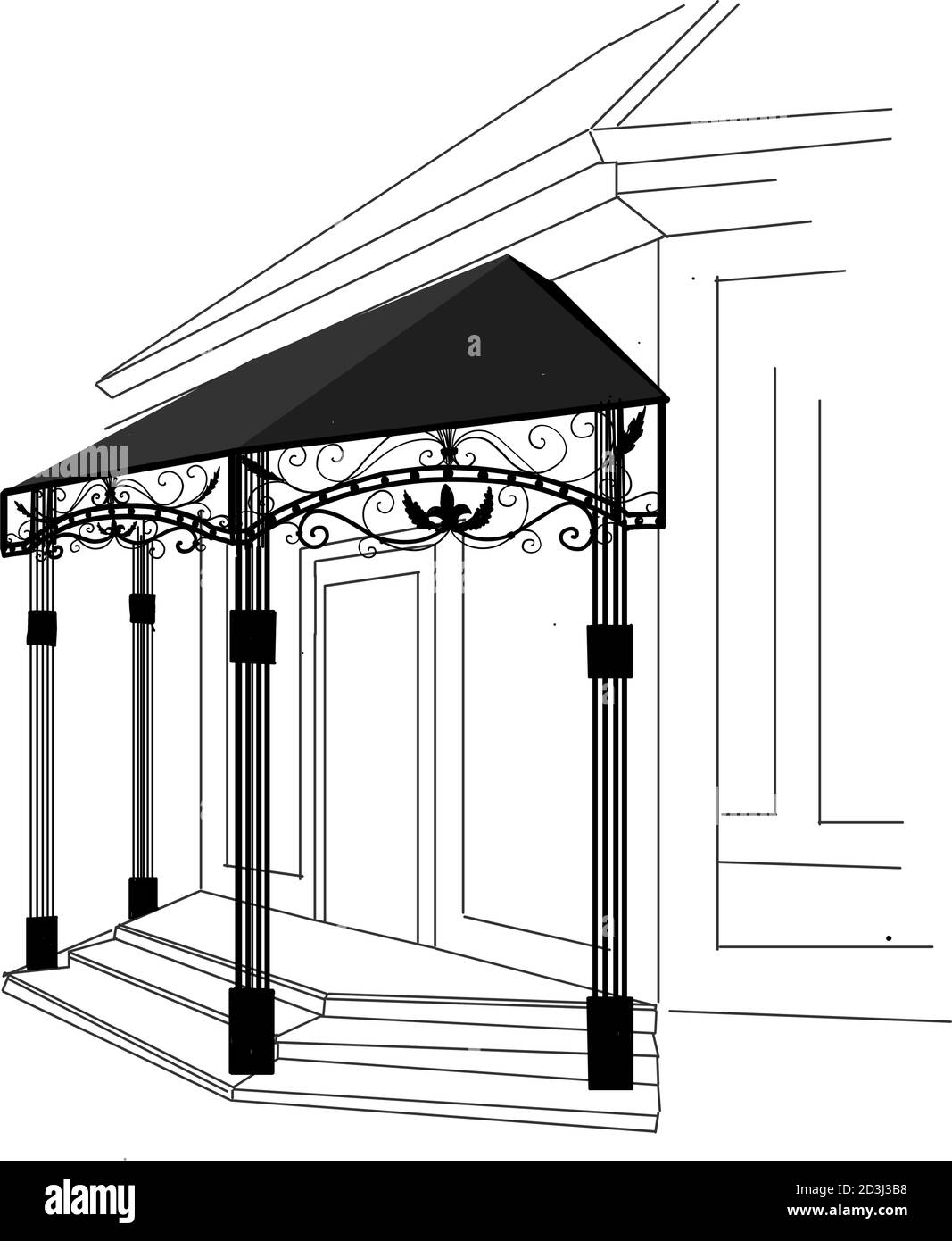 SCHIZZO di elementi metallici forgiati con ornamenti antichi. Visiera per ringhiera forgiata artistica Illustrazione Vettoriale