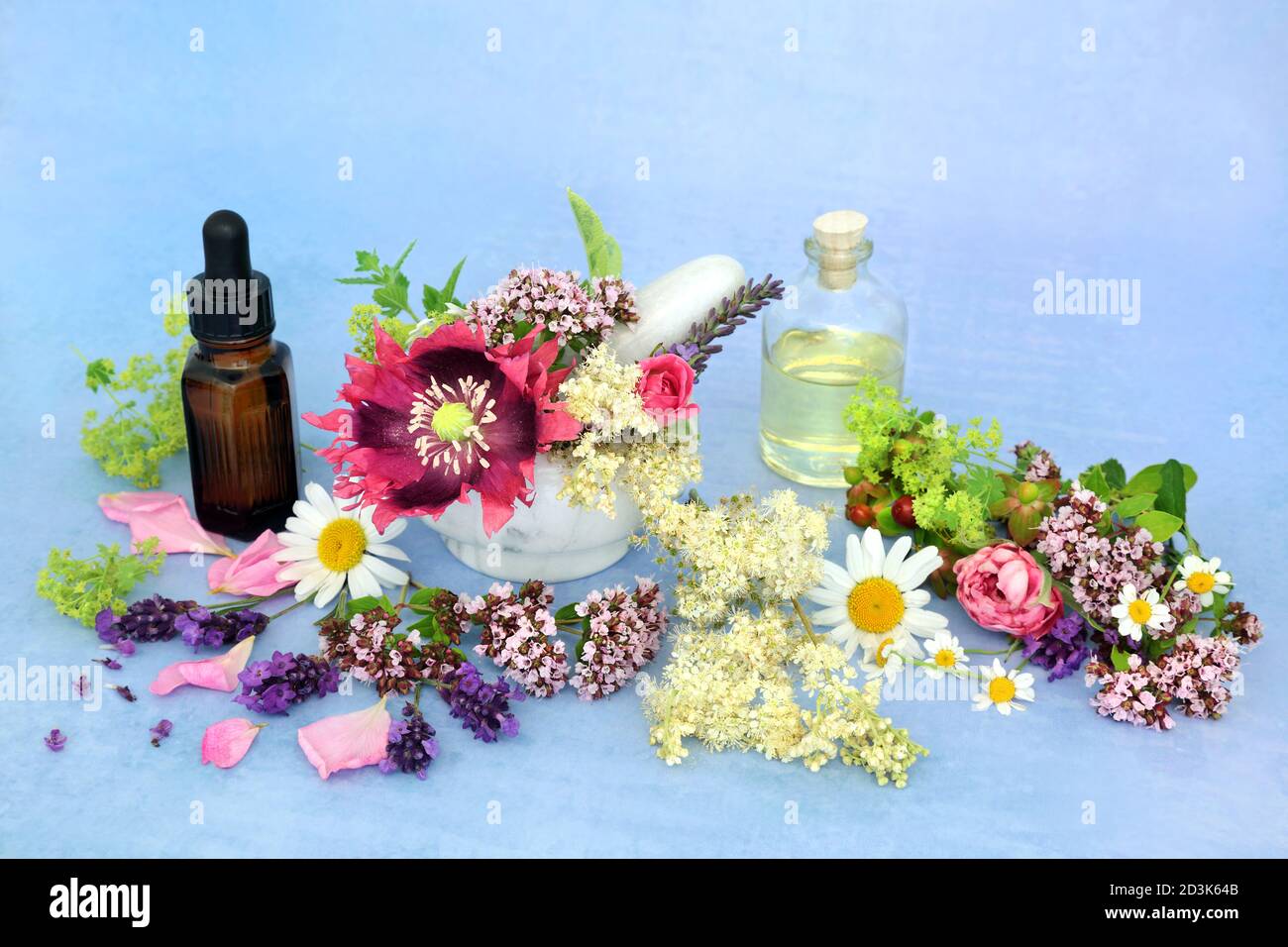 Preparazione di olio essenziale per l'uso in aromaterapia e medicina naturale a base di erbe con fiori estivi ed erbe con contagocce e bottiglie di olio. Foto Stock
