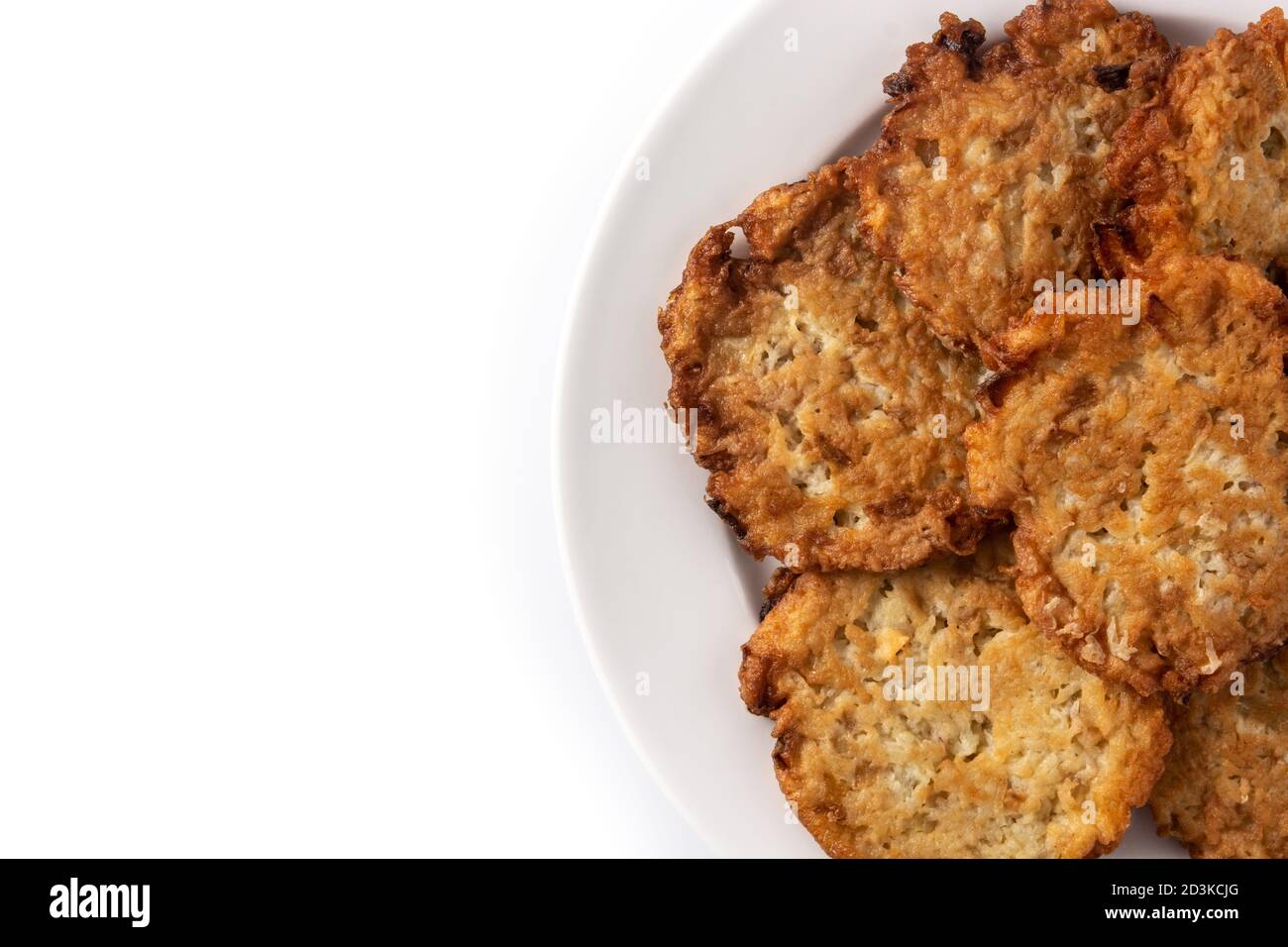 Tradizionali latchi ebraici o frittelle di patate isolate su sfondo bianco Foto Stock
