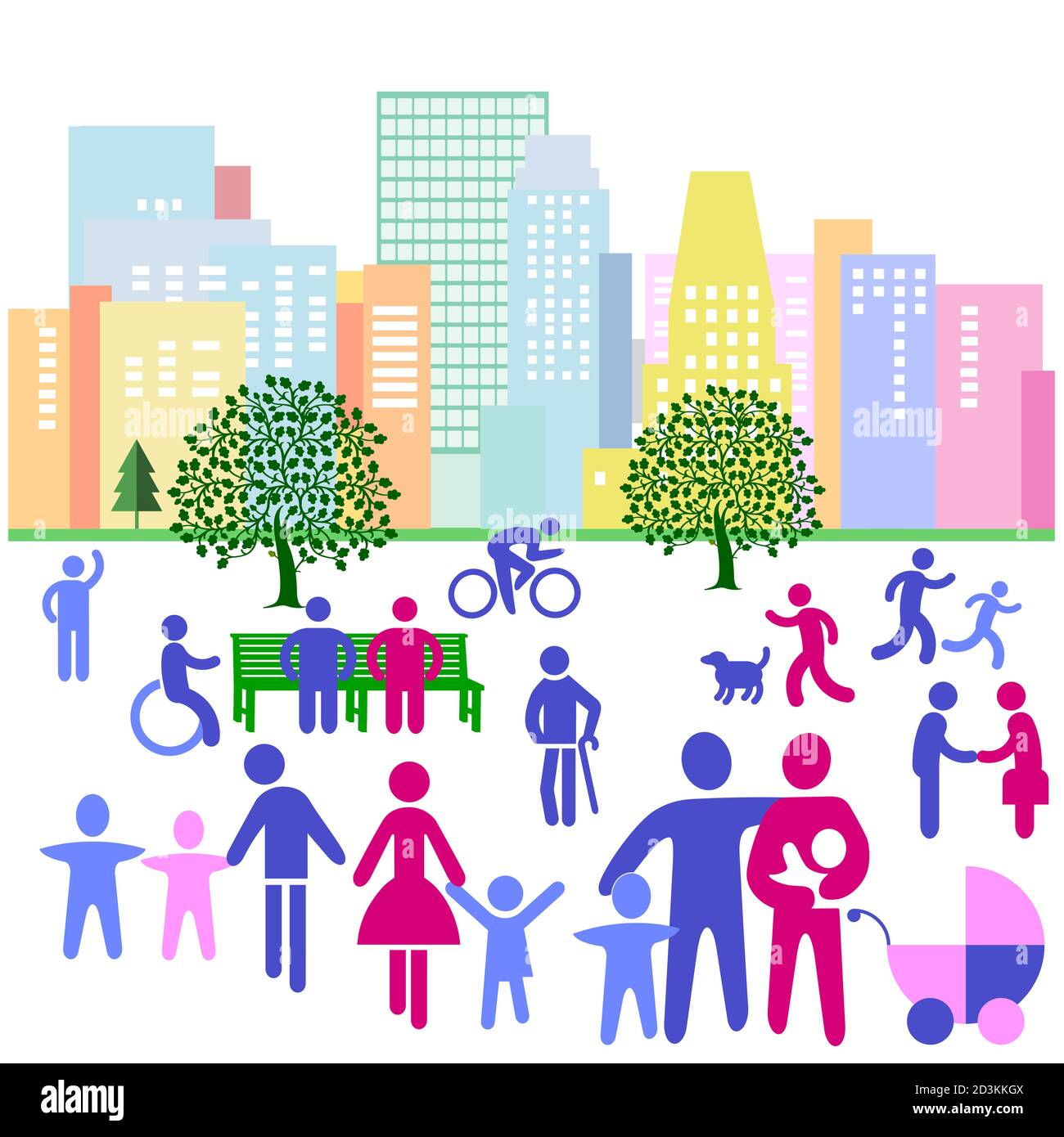 La silhouette cittadina di una città con le persone nel tempo libero, illustrazione del pittogramma Illustrazione Vettoriale