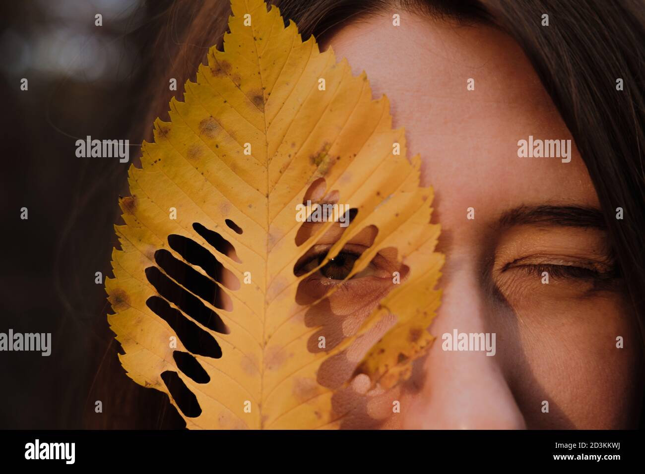 Donna che guarda attraverso il foro di una foglia gialla. Autunno, concetto stagionale: Occhio umano visto attraverso una foglia, primo piano shot Foto Stock