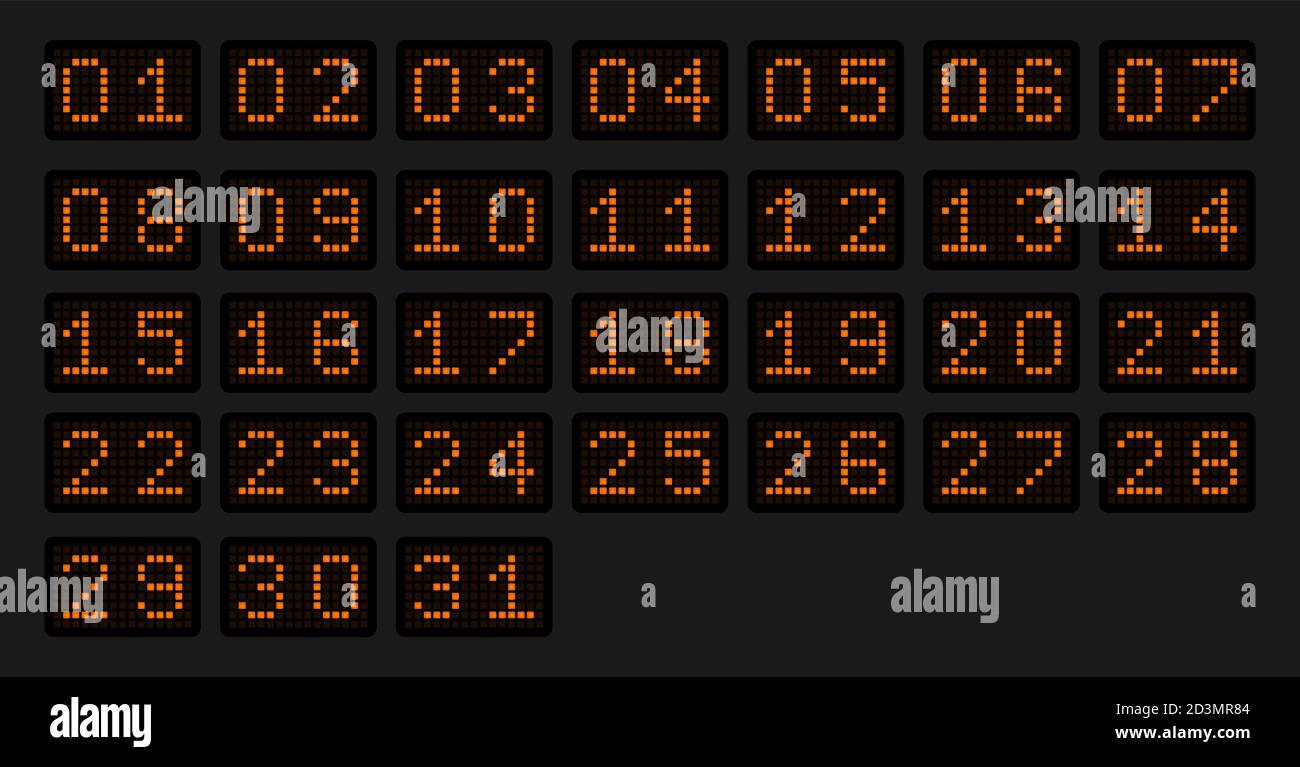 Numeri da 1 a 31 per un calendario o un evento sportivo sotto forma di  tabellone elettronico in un bagliore arancione. Illustrazione vettoriale  Immagine e Vettoriale - Alamy