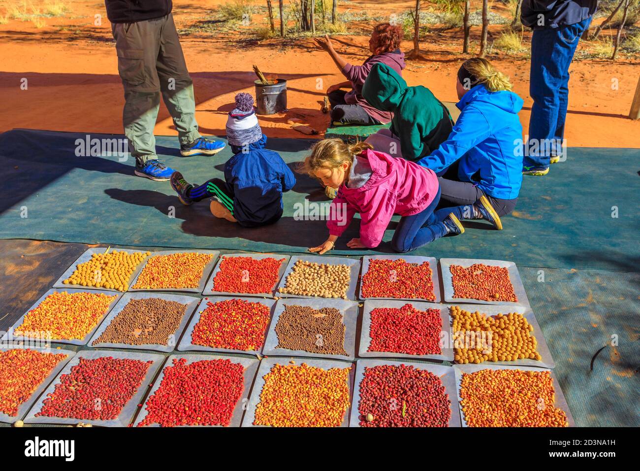 Kings Creek Station, Northern Territory, Australia - 21 agosto 2019: I bambini giocano con varietà variopinti semi di cespuglio raccolti a Karrke Aboriginal Foto Stock