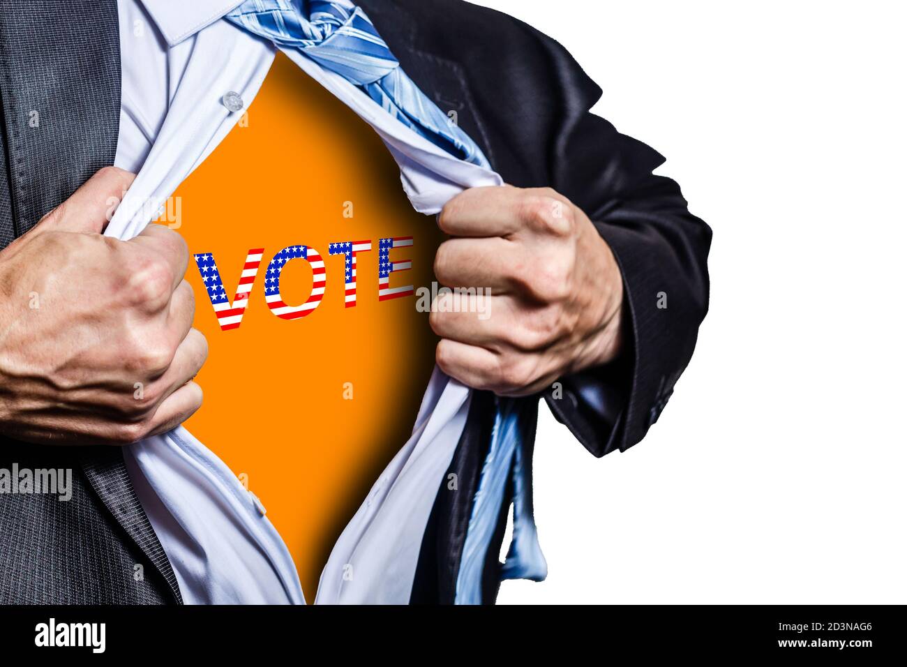 Vota l'illustrazione del concetto. Uomo d'affari ha sbottoned il suo voto della camicia. Elezione, voto, concetto di scelta. Foto Stock