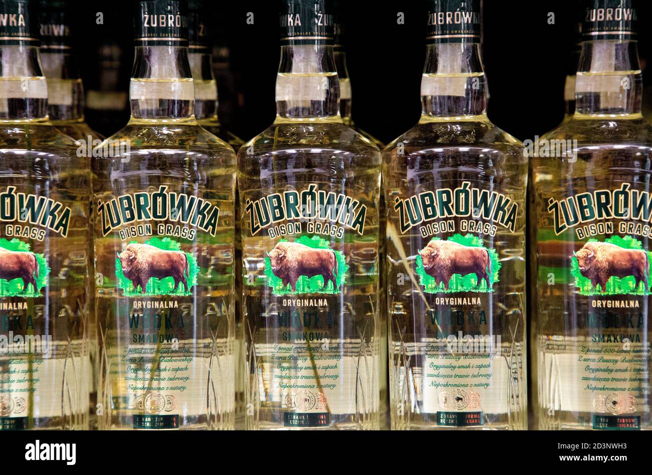 Vodka polacca di Zobrowka - vodka di erba di bisonte sullo shalf in un supermercato Foto Stock Vodka polacca di Zobrowka - vodka di erba di bisonte sullo shalf in un supermercato Foto Stock