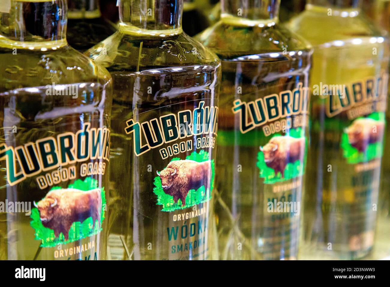 Vodka polacca di Zobrowka - vodka di erba di bisonte sullo shalf in un supermercato Foto Stock Vodka polacca di Zobrowka - vodka di erba di bisonte sullo shalf in un supermercato Foto Stock