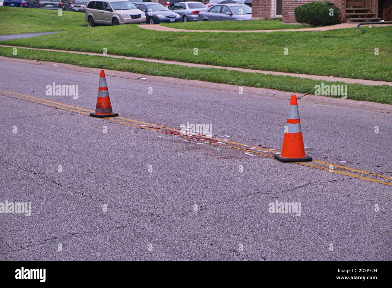 La località di Canfield Drive a Ferguson, Missouri, dove Michael Brown è stato ucciso dall'ufficiale Ferguson Darren Wilson. I due coni di sicurezza indicano la posizione della testa e dei piedi. Foto Stock