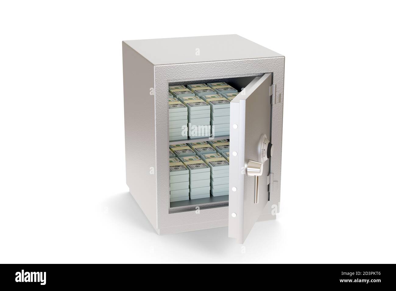 Apri la scatola sicura piena di WAD di 100 dollari bollette isolato su uno sfondo bianco. illustrazione 3d. Foto Stock