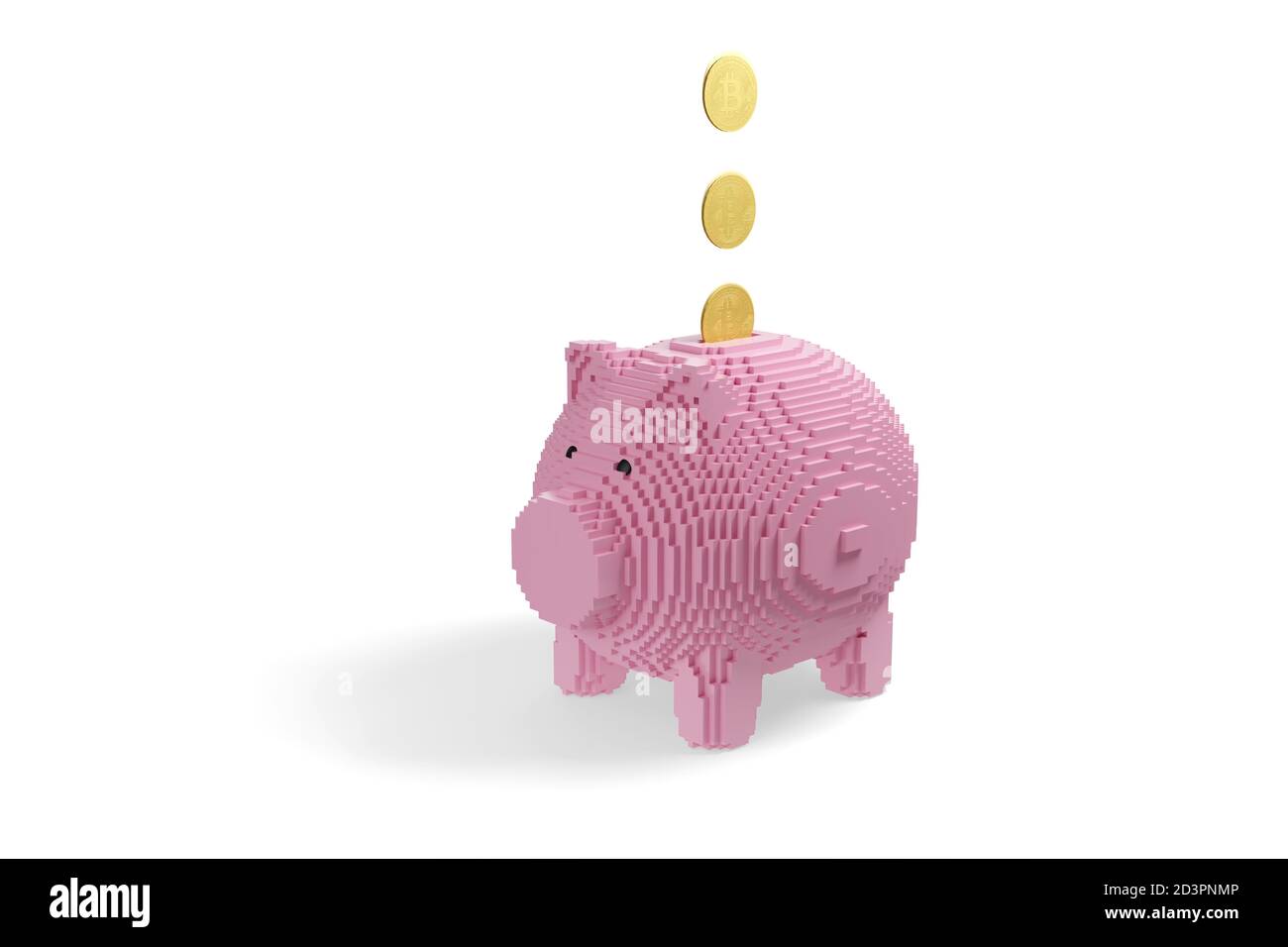Moneta di criptovaluta Bitcoin che cade in una banca di piggy costruita con blocchi isolati su sfondo bianco. illustrazione 3d. Foto Stock