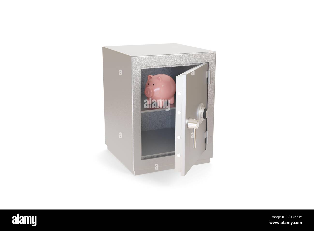 Banco di porcellini all'interno di una cassetta di sicurezza isolata su sfondo bianco. illustrazione 3d. Foto Stock