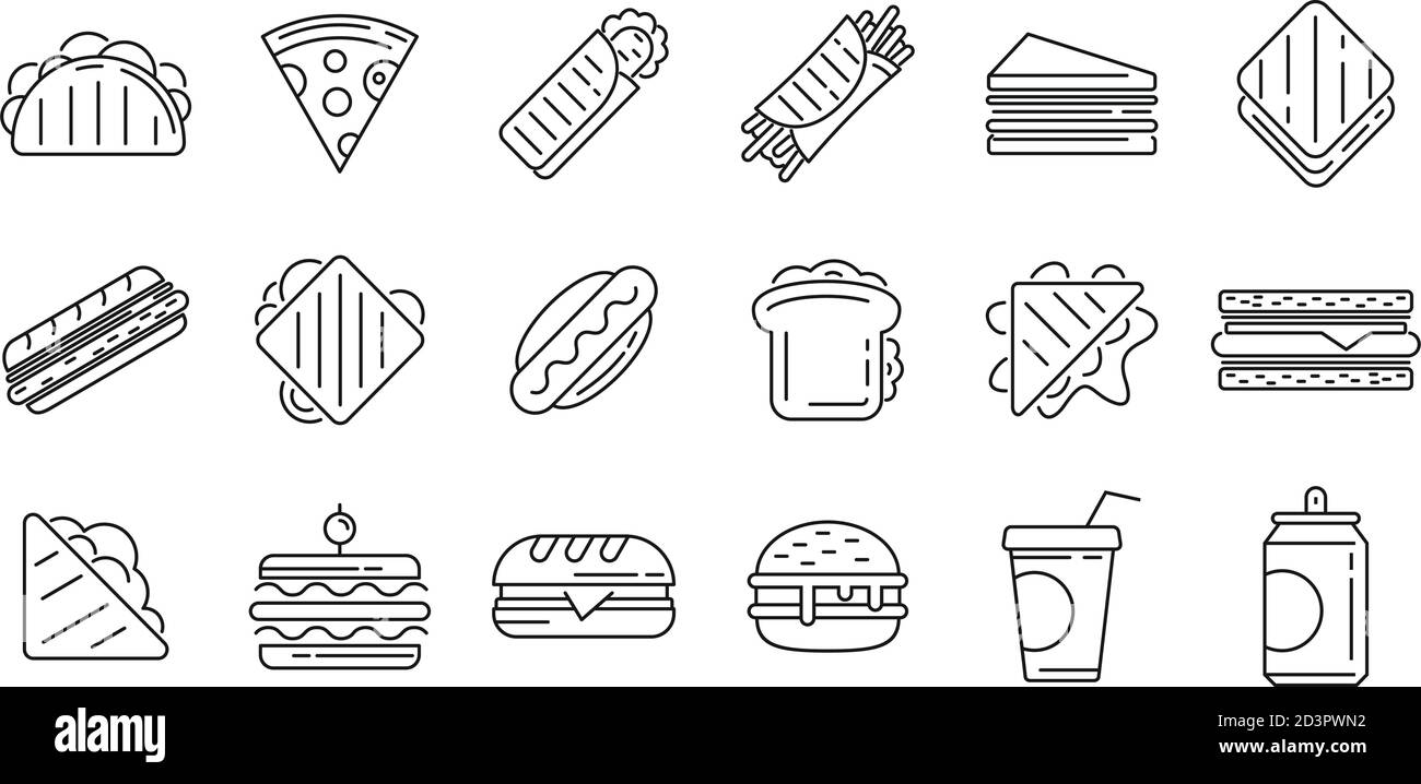Set di icone della barra a sandwich. Contorno insieme di icone vettoriali a barre sandwich per il web design isolato su sfondo bianco Illustrazione Vettoriale