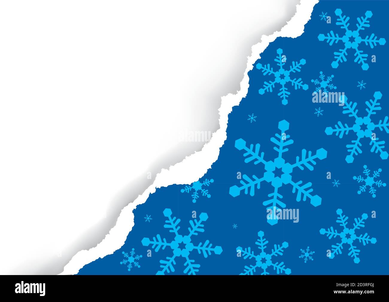 Natale strappato carta, sfondo blu con fiocchi di neve. Immagine di uno sfondo di carta rosso strappato con posizione per il testo o l'immagine. Illustrazione Vettoriale