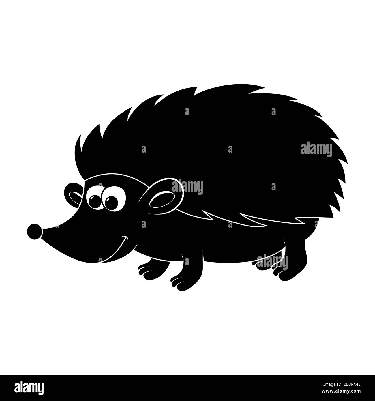 Silhouette hedgehog. Nero e bianco forma autunnale per bambini isolato su bianco. Cartoon felice animale domestico illustrazione. Divertente mascotte di mammiferi con punte affilate. Illustrazione Vettoriale