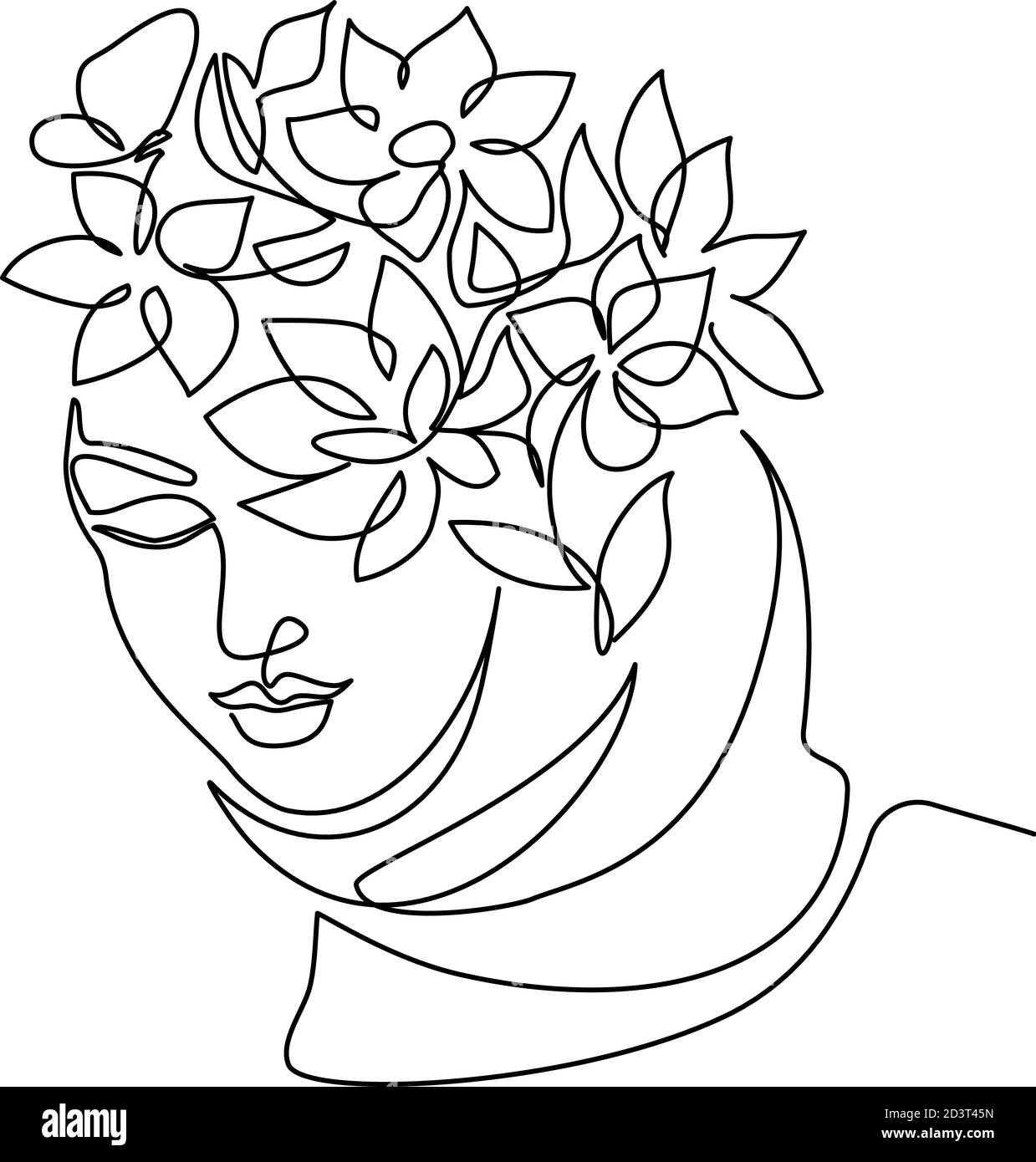 Giovane donna felice in hijab con fiori sul viso. Disegno continuo di una linea. Illustrazione vettoriale Illustrazione Vettoriale