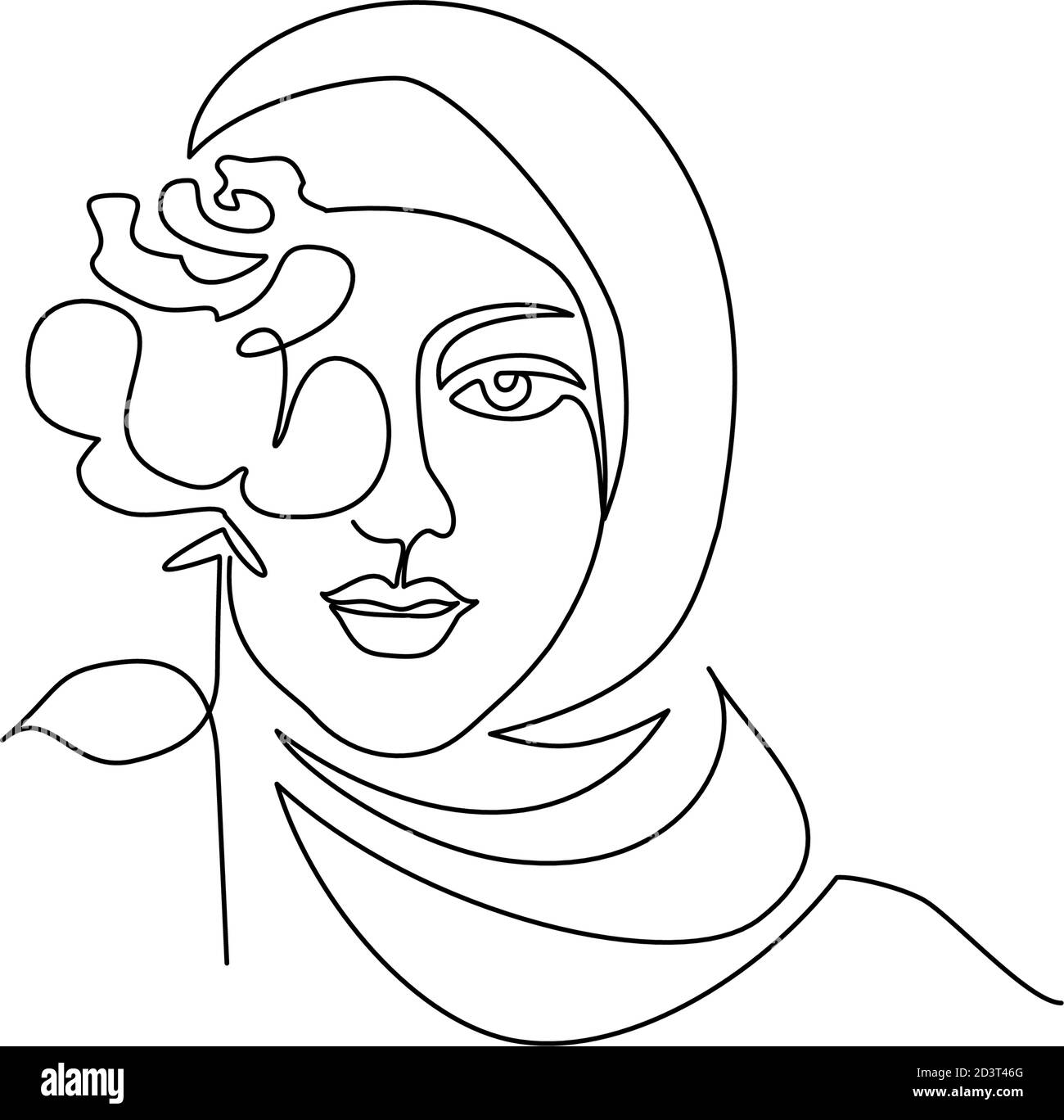 Giovane donna felice in hijab con fiori sul viso. Disegno continuo di una linea. Illustrazione vettoriale Illustrazione Vettoriale