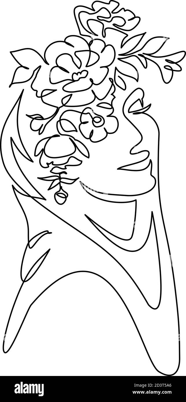 Giovane donna felice in hijab con fiori sul viso. Disegno continuo di una linea. Illustrazione vettoriale Illustrazione Vettoriale