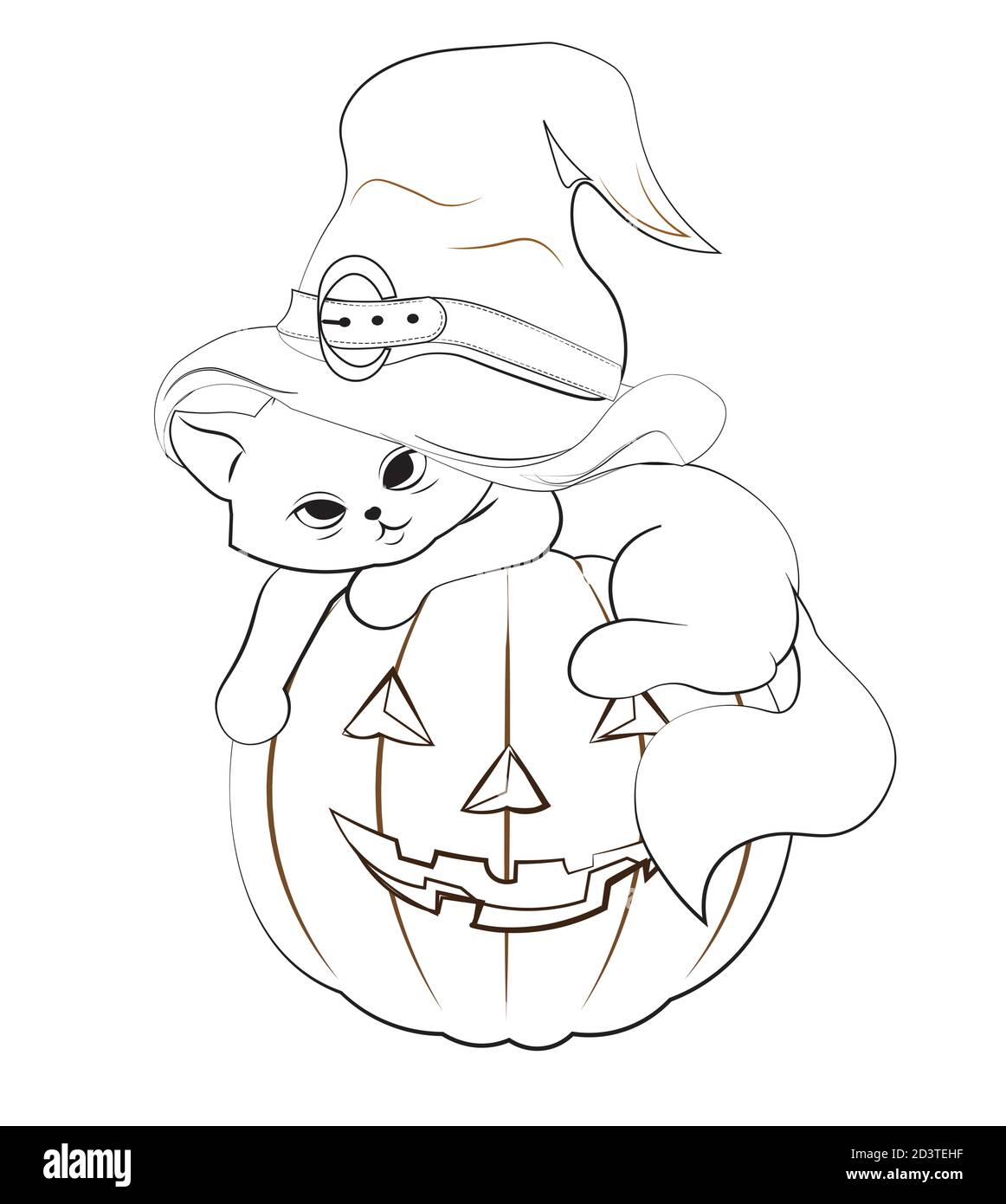 libro da colorare gatto halloween in cappello di strega, gattino su zucca. Foto a mano disegno stile cartoon, per t-shirt indossare moda stampa design, saluto ca Illustrazione Vettoriale