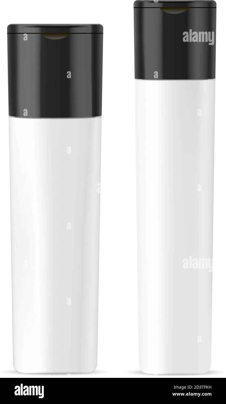 Set di mokup per bottiglie cosmetiche per shampoo, balsamo o gel doccia. Plastica bianca immagine vettoriale realistica 3d della confezione cosmetica con coperchio nero Illustrazione Vettoriale
