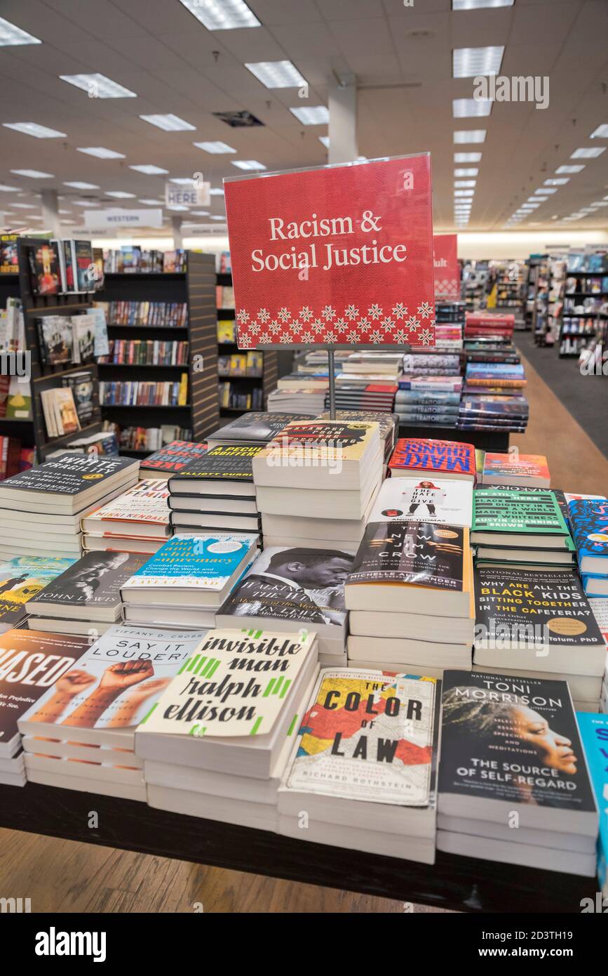Razzismo e Giustizia sociale segno che designa i libri correnti sull'argomento in una libreria nella Florida centrale del Nord. Foto Stock