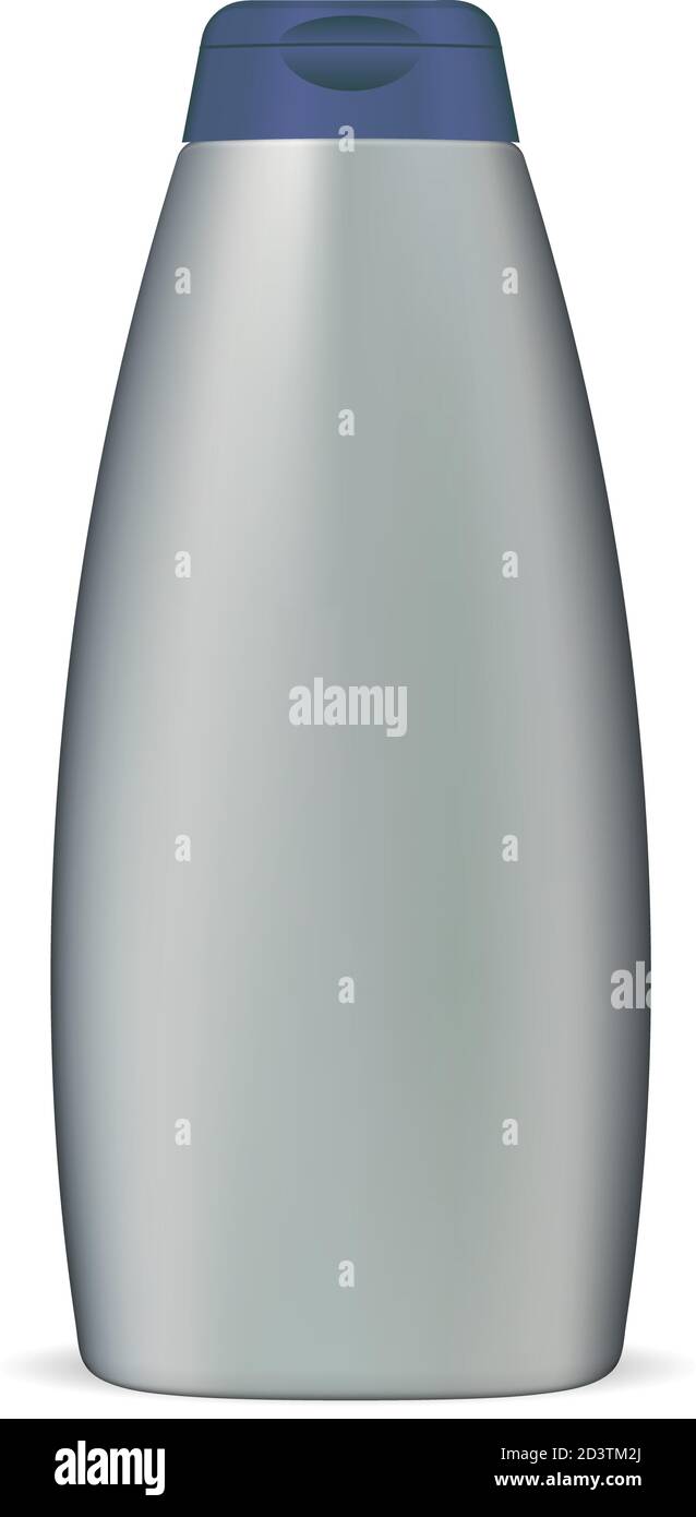 Mokup cosmetico bottiglia shampoo. Flacone grigio con coperchio blu isolato su sfondo bianco. contenitore 3d Vector nero per il tuo progetto. Illustrazione Vettoriale