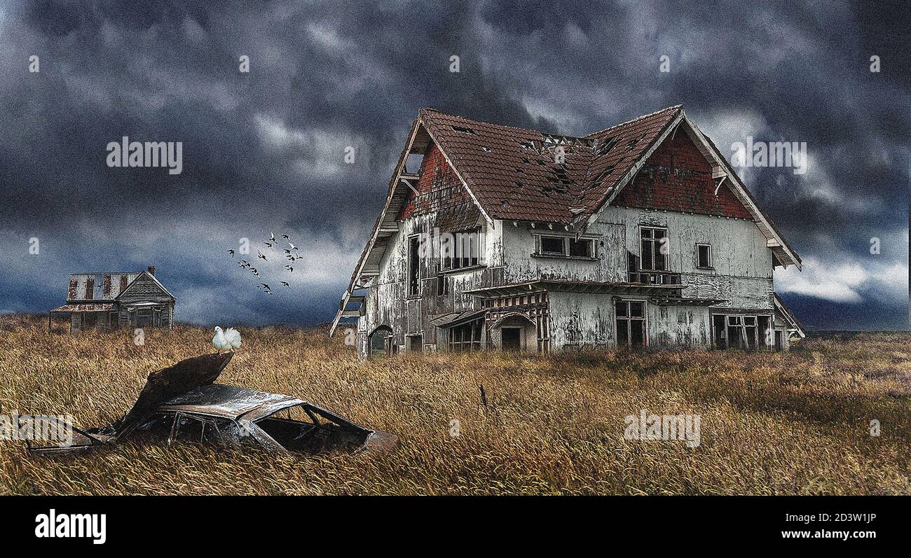 Dopo l'apocalisse. Una casa abbandonata e un'auto arrugginita in mezzo a un campo di grano. Creato in Photoshop. Foto Stock
