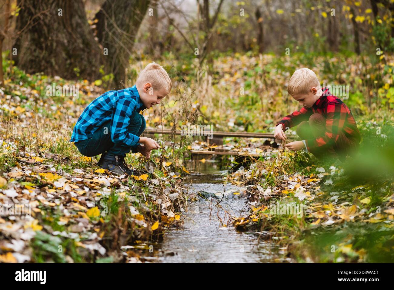 Weekend in famiglia all'aperto nella splendida foresta autunnale. Due ragazzi presteen seduti su entrambi i lati e giocare con il flusso d'acqua Foto Stock