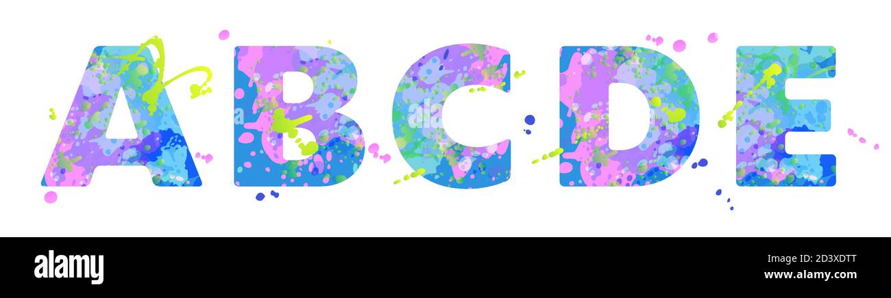 Lettere ABCDE con effetto di macchie liquide di vernice in blu, verde, rosa, isolato su bianco. Elemento decorativo per la progettazione di volantini, poster, calendario, copertina, titolo. Illustrazione vettoriale. Illustrazione Vettoriale