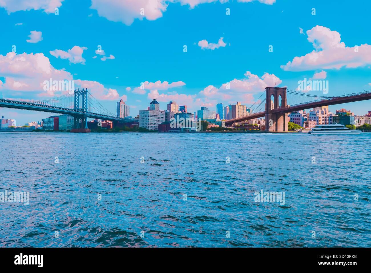 Ponti di Manhattan e Brooklyn sullo sfondo di New York Città in vivace e colorato stile anime Foto Stock