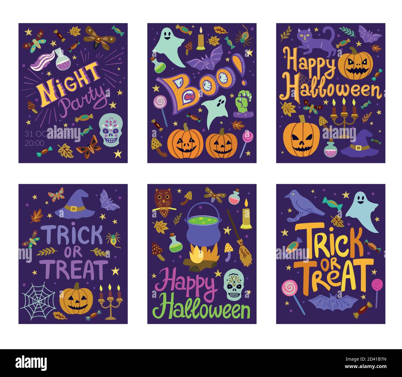 Set di 6 vettori carino cartoon Halloween banner. Illustrazione Vettoriale