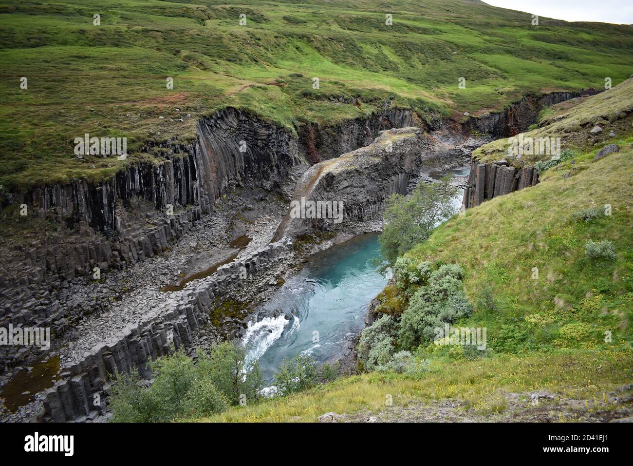 Studlagil Canyon nel nord-est dell'Islanda. Il fiume Jokla attraversa le colonne di basalto esagonali. Il terreno in pendenza finisce bruscamente creando il canyon. Foto Stock