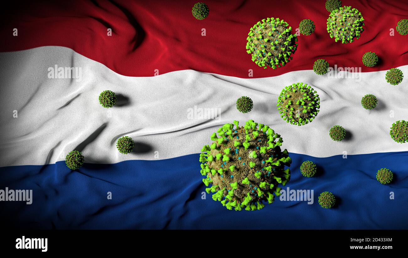COVID-19 molecole di Coronavirus sulla bandiera olandese - crisi di salute con Aumento dei casi di COVID - Paesi Bassi Virus Pandemic casueties Abstract Sfondo Foto Stock