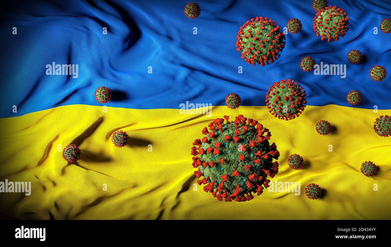 COVID-19 molecole di Coronavirus sulla bandiera Ucraina - crisi di salute con Aumento dei casi di COVID - Ucraina Virus Pandemic casualità astratto Sfondo Foto Stock
