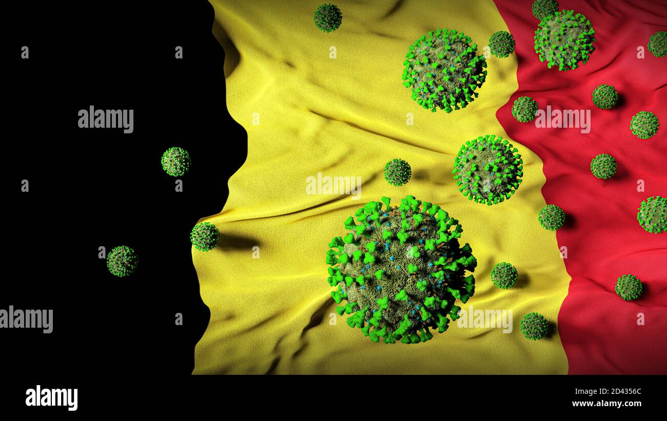 COVID-19 molecole di Coronavirus sulla bandiera belga - crisi di salute con Aumento dei casi di COVID - Belgio Virus Pandemic casueties Abstract Sfondo Foto Stock