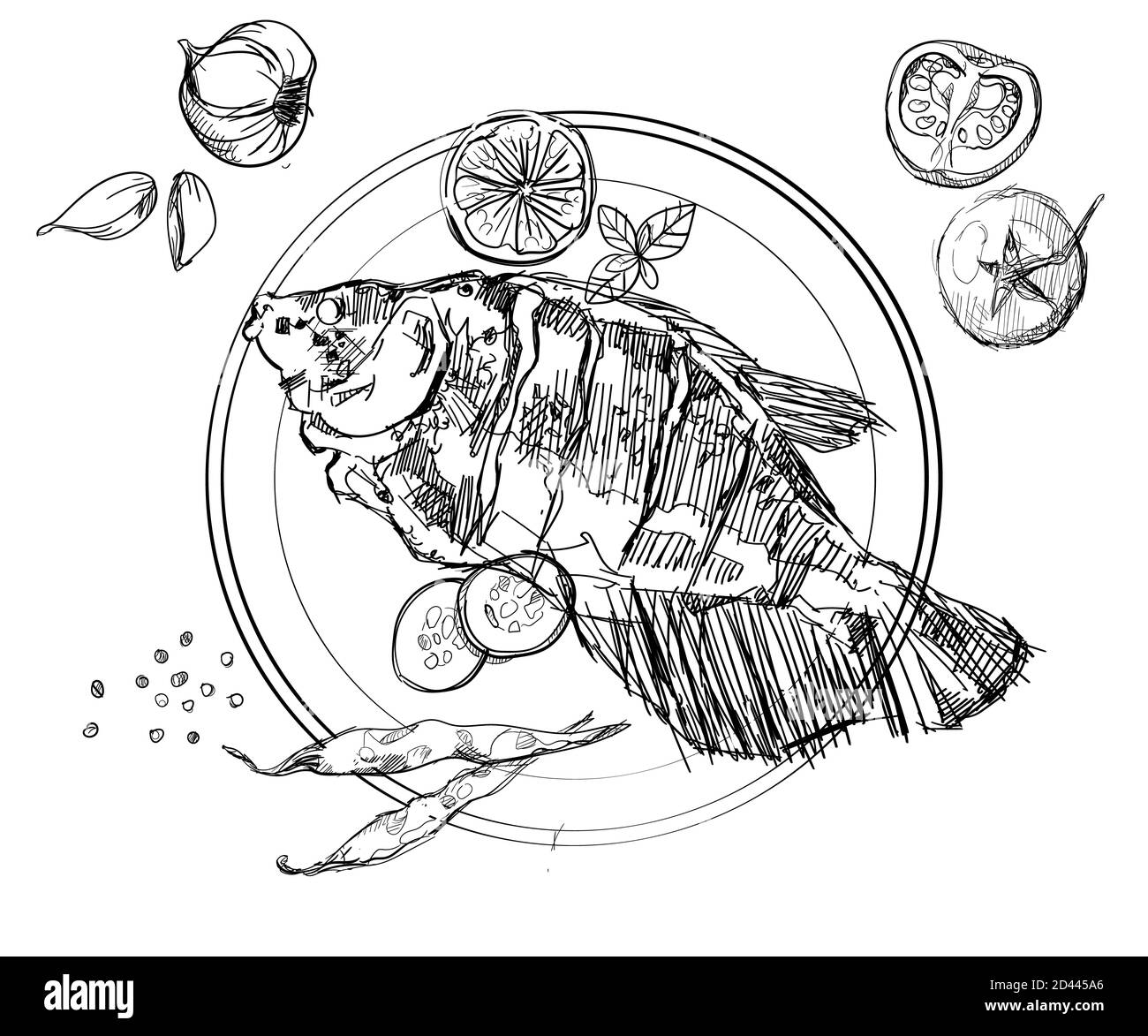 Pesce griglia frutti di mare sana mano disegni bianchi isolamento sfondo con disegno vettoriale di stile piatto Foto Stock