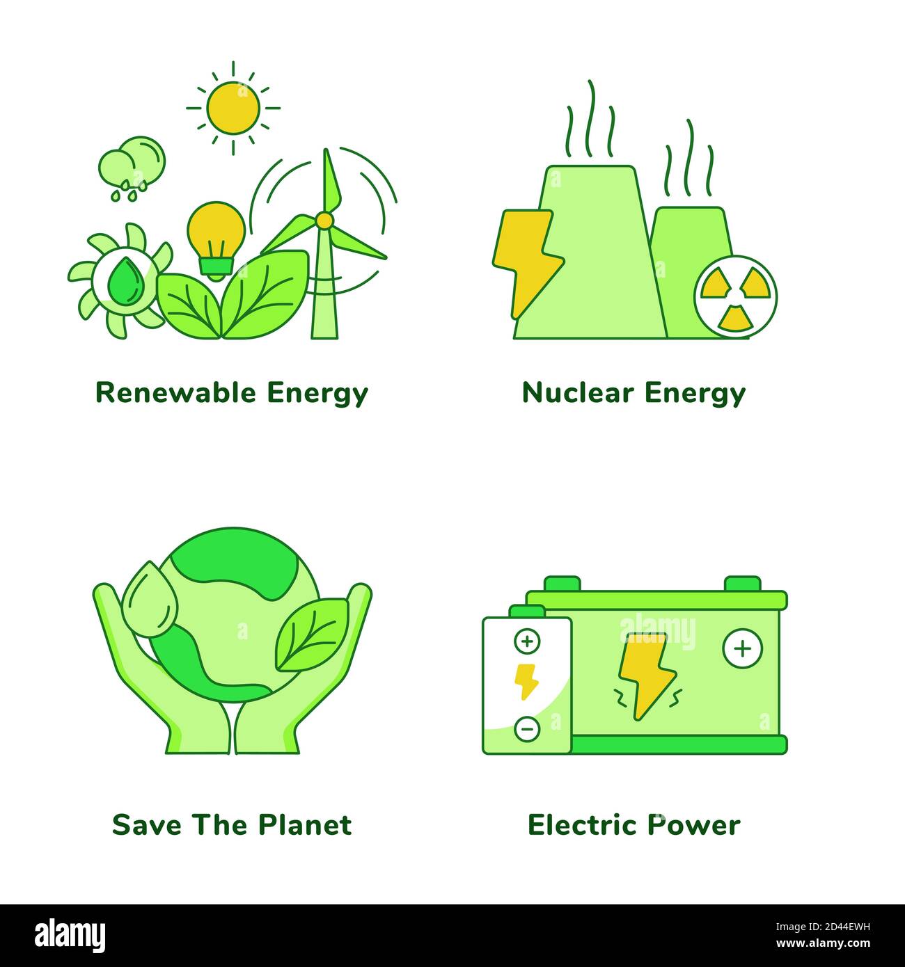 Collezione di set di ecologia energia rinnovabile energia nucleare salvare il pianeta potenza elettrica sfondo isolato bianco con tema verde contorno piatto stile Illustrazione Vettoriale