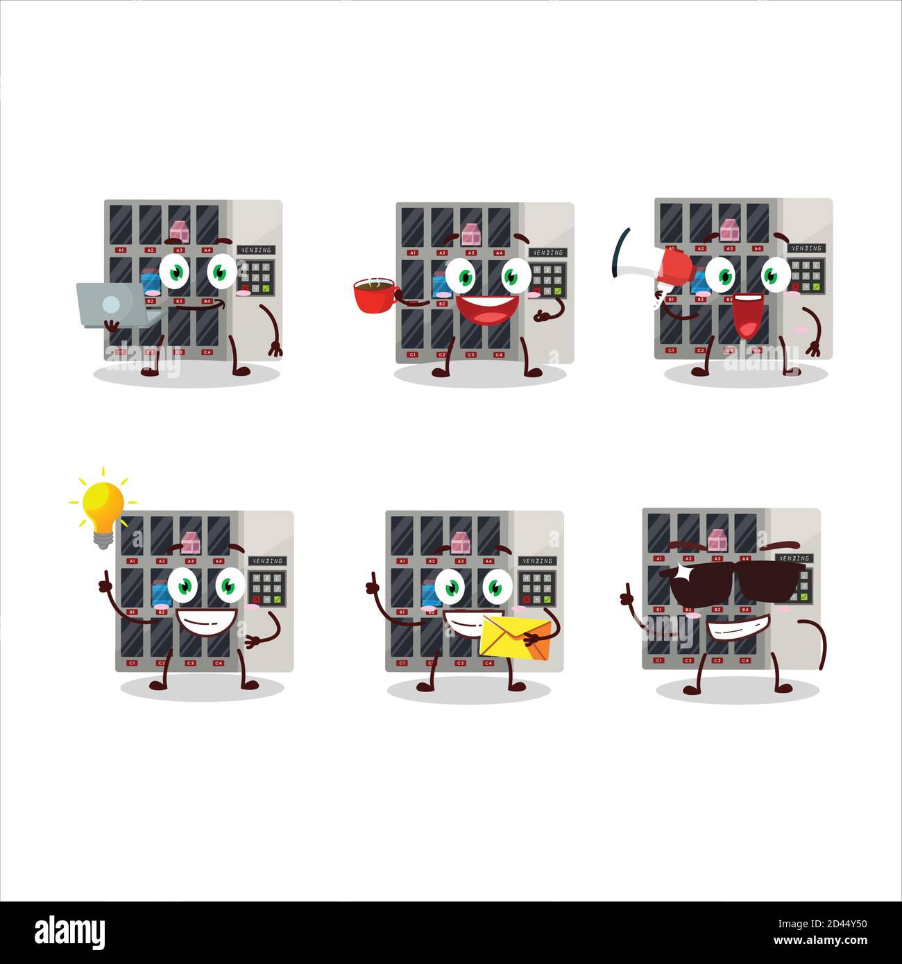 Tra noi distributore automatico cartoon carattere con vari tipi di emoticon aziendali Illustrazione Vettoriale