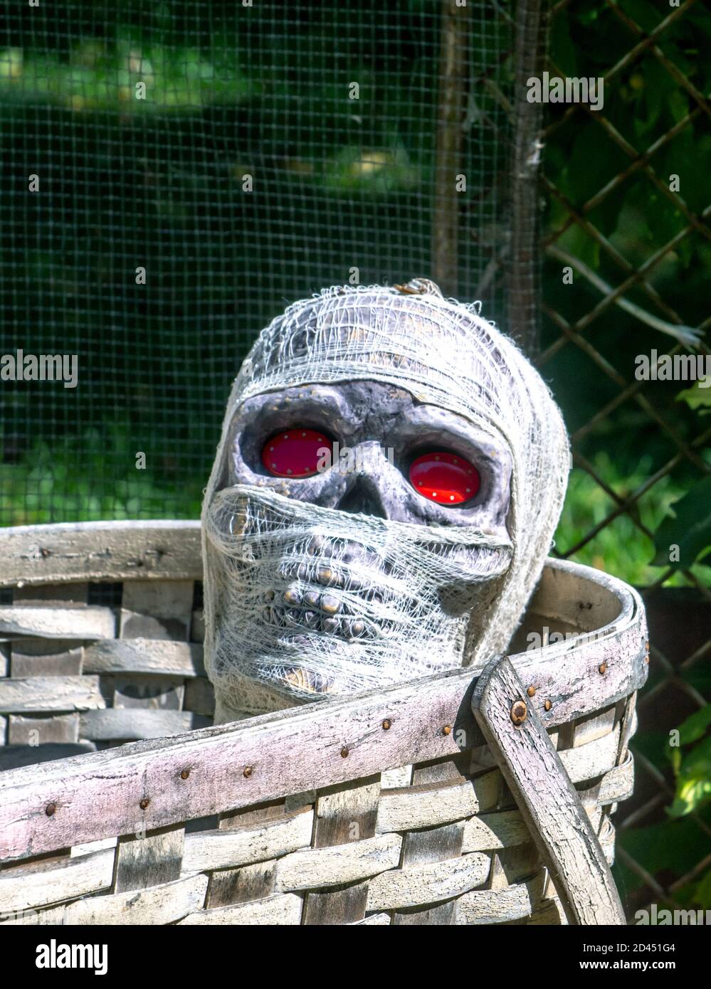 la mummia avvolta con gli occhi incandescenti si trova in un grande cesto Foto Stock