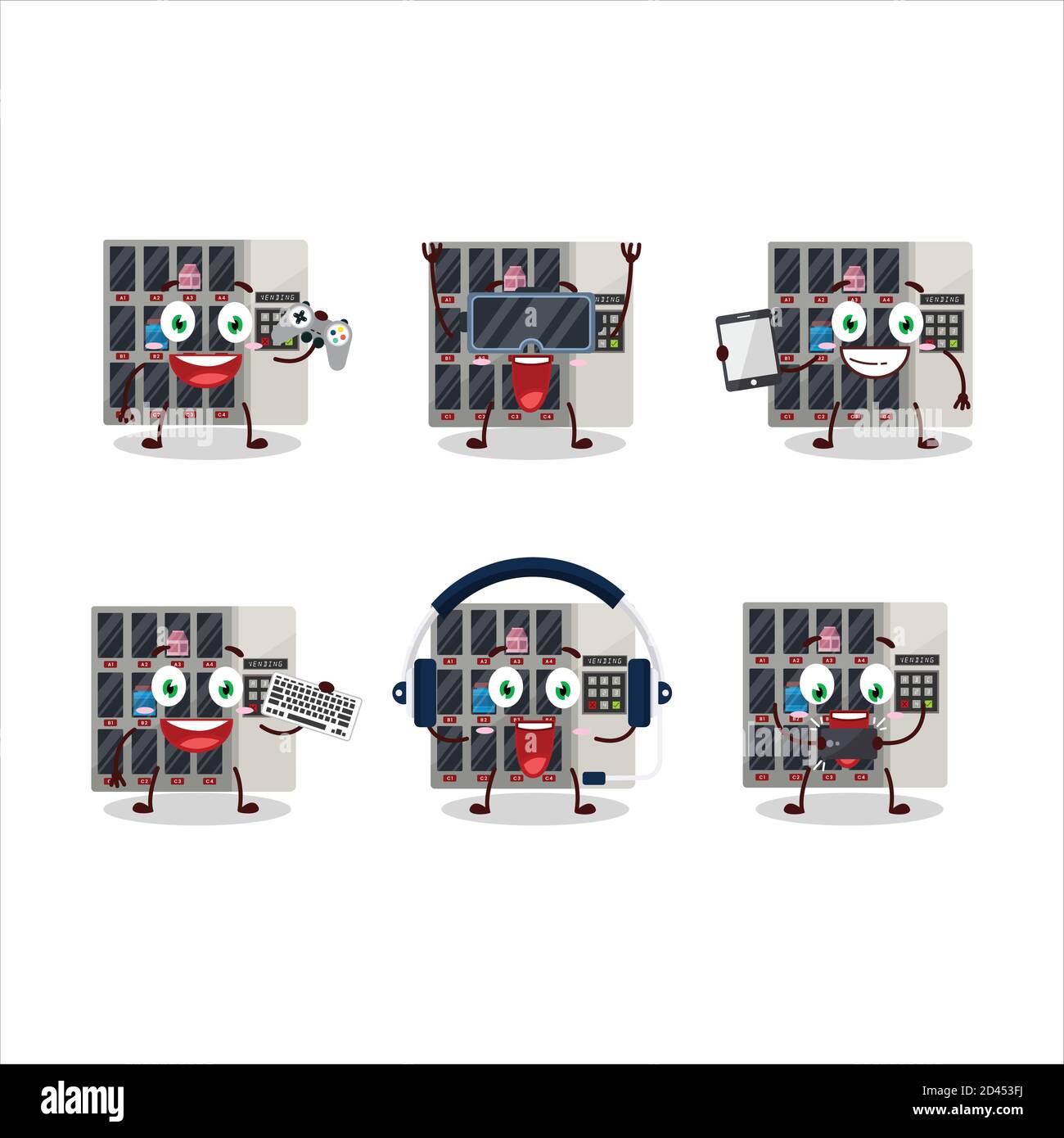 Tra noi distributore automatico cartoon personaggio sono i giochi con varie emoticon carine Illustrazione Vettoriale