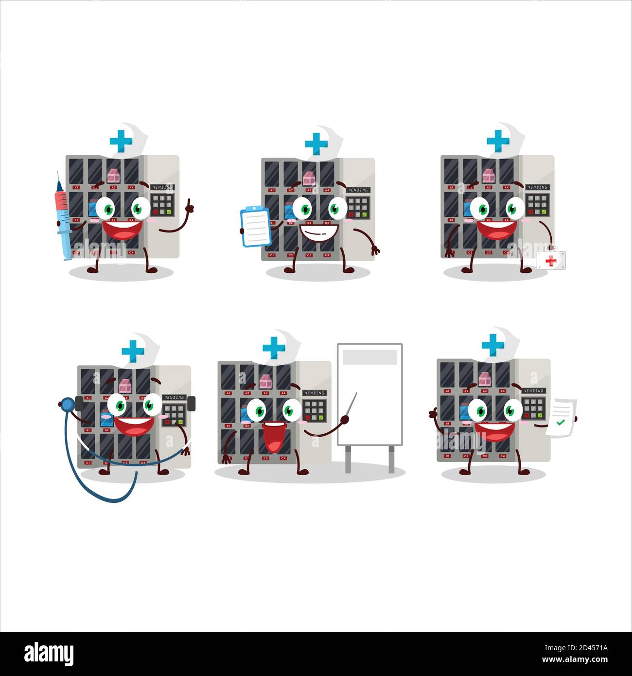Medico professione emoticon con tra noi distributore automatico cartoon carattere Illustrazione Vettoriale
