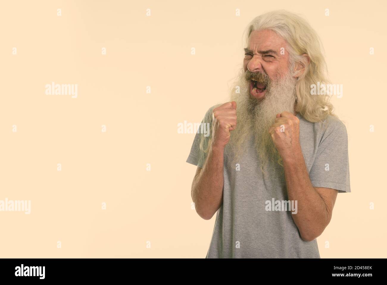Studio shot di angry senior uomo barbuto urlando con entrambe le braccia sollevate Foto Stock