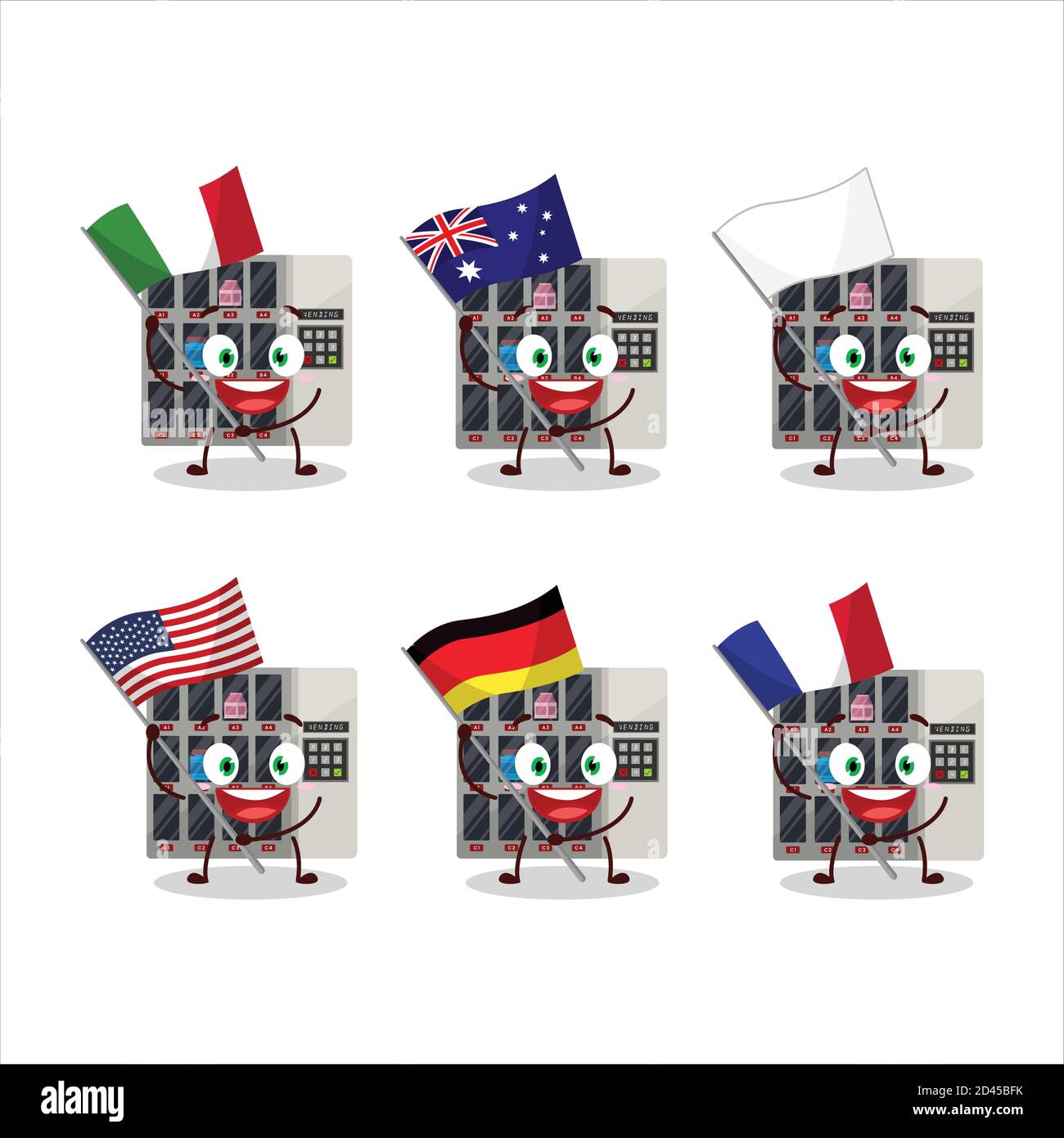Tra noi distributore automatico cartoon carattere portare le bandiere di vari paesi Illustrazione Vettoriale