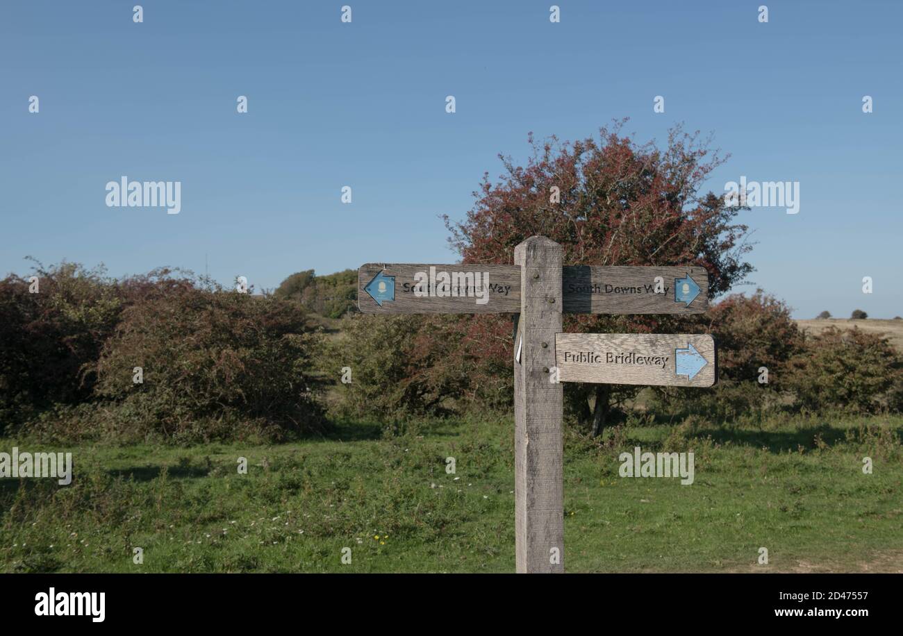 Cartellonistica in legno per la South Downs Way a Devil's Dyke sulla Chalk Grassland del South Downs nella campagna rurale del Sussex occidentale, Inghilterra, Regno Unito Foto Stock