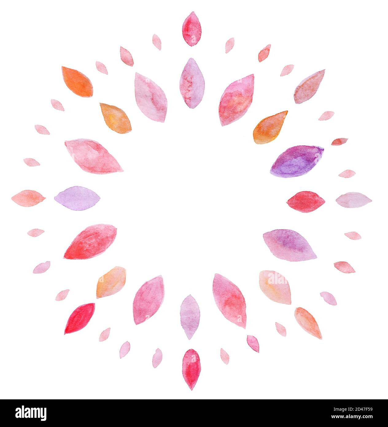Foglie decorative disposte a cerchio come in un elemento floreale di colore acquerello rosa rosso mandala. Foglie stilizzate. Foto Stock