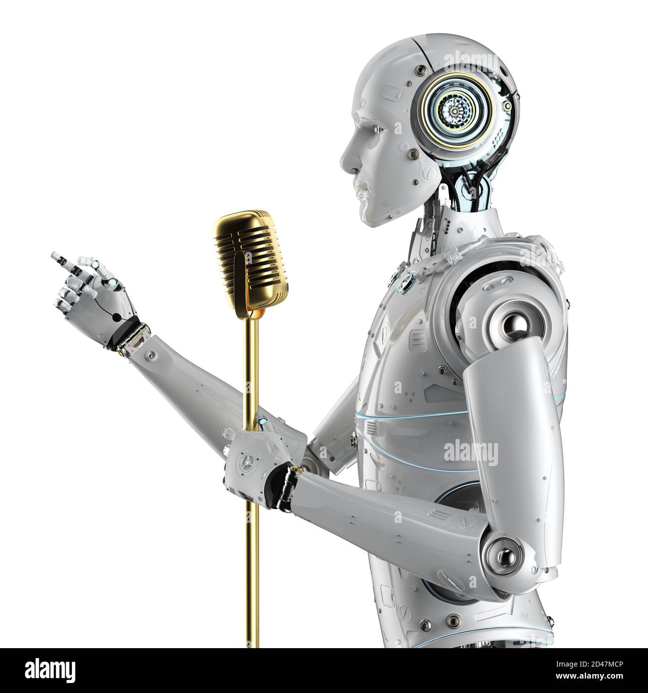 altoparlante pubblico robotizzato con rendering 3d che parla con il microfono Foto Stock