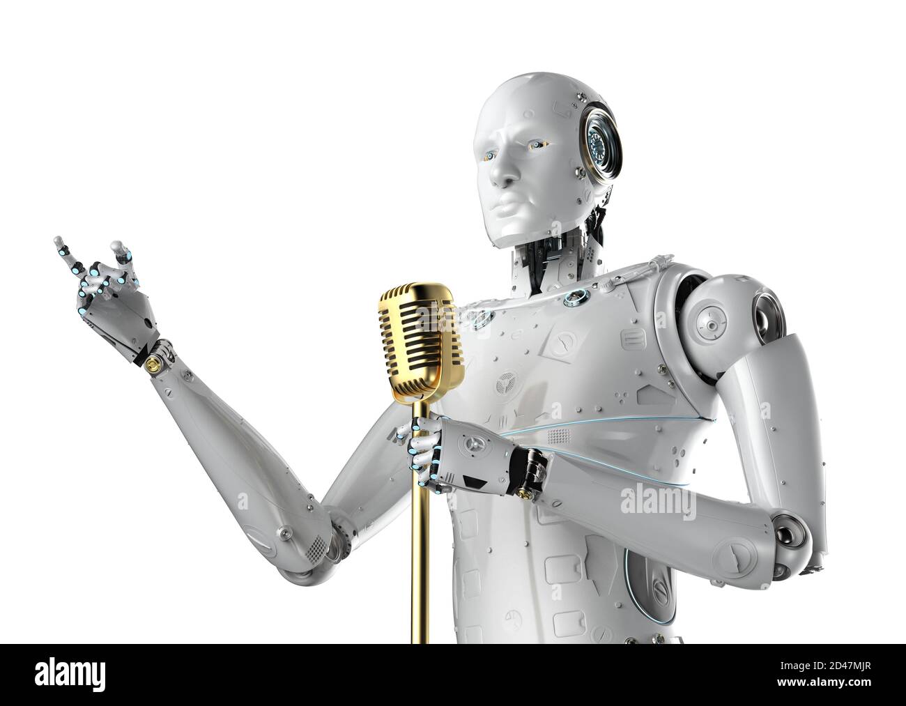 altoparlante pubblico robotizzato con rendering 3d che parla con il microfono Foto Stock