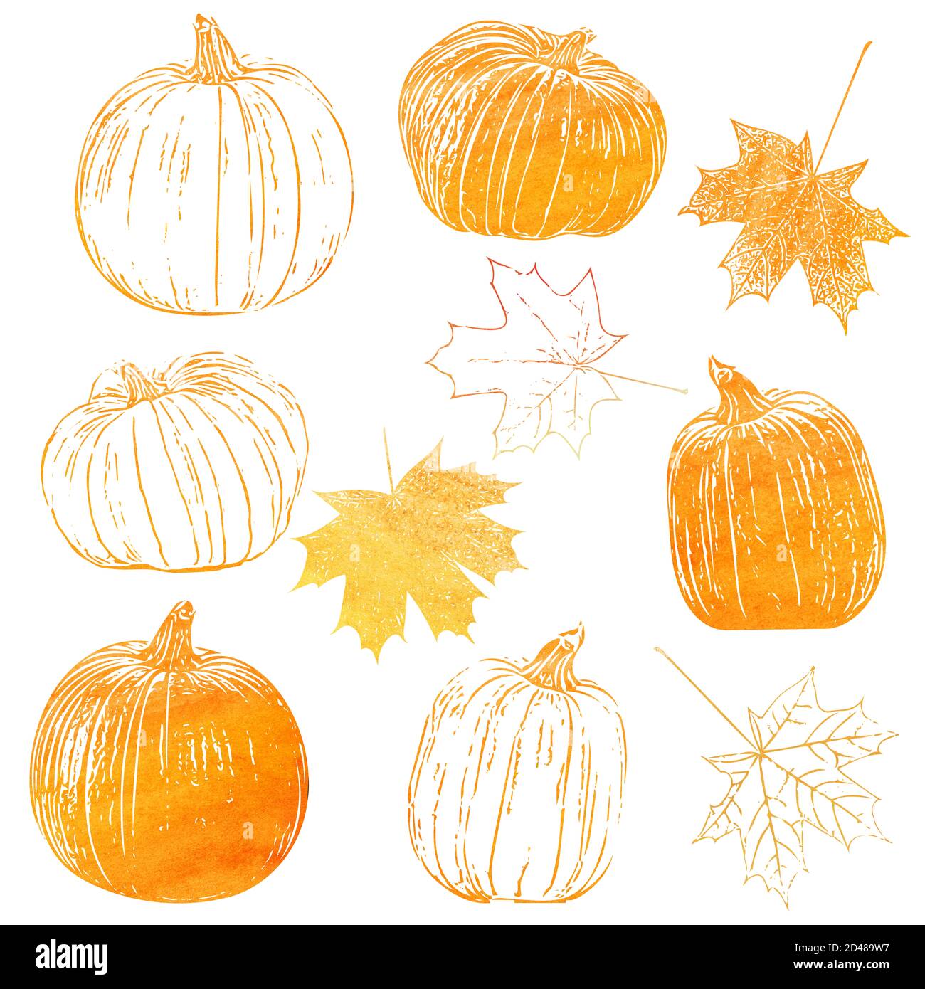 Kit segno di Halloween o Ringraziamento. Raccolta di simboli arancioni di zucca e foglie di illustrazioni bianche isolate disegnate a mano. Umore autunnale Foto Stock